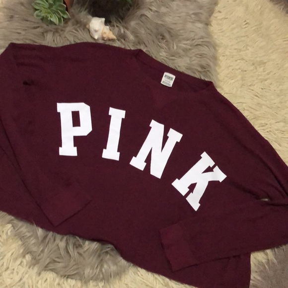 VS PINK-OverSized Crop Waffle LongSleeve-Classic Logo-Sz L-Maroon/White-EUC - Picture 15 of 15